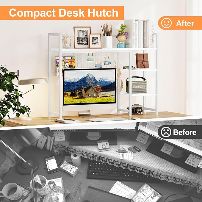 Snughome Desk Shelf, 38.6" Desktop Organizer Shelf, Desk Hutch for Computer Monitor, 4 Tier Desktop Display Rack with Pegboard Hooks Set, Wood Desk Bookshelf for Home Office Dorm, White