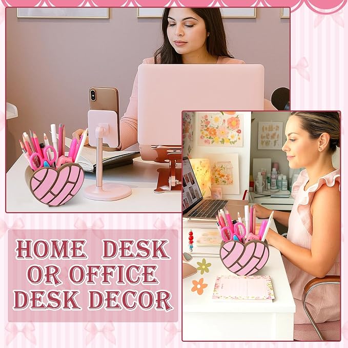 Tenceur Mexican Concha Pen Holder Pink Heart Large Capacity Pencil Holder Cute Mexican Decor Pencil Cup Pot Desk Organizer for Office Makeup Brush Holders Funny Christmas Gift for Women coworkers