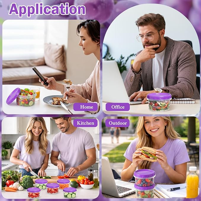 Sieral 16 Pack 8 oz Freezer Containers with Lid Reusable Deli Freezer Storage Containers Stackable Plastic Ultra Thick Twist Top Jar for Takeout Food Round Wide Mouth Lunch Snack (Purple)