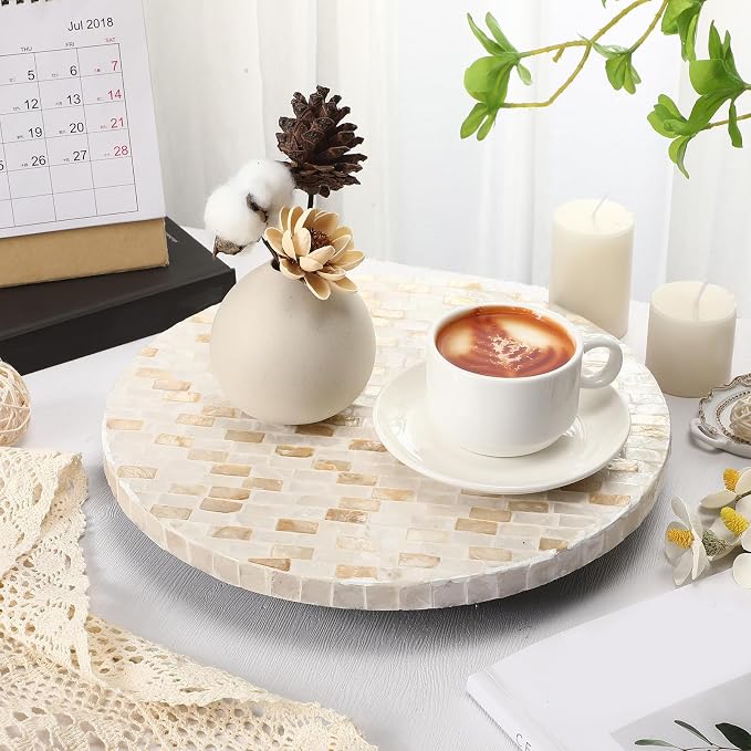 Reallnaive Mother of Pearl Lazy Susan for Table Turntable Organizer Marble Patterned Lazy Susan Wood Spinning Tray Rotating for Kitchen Cabinet Spice Pantry 12 Inch(Round,Marble)
