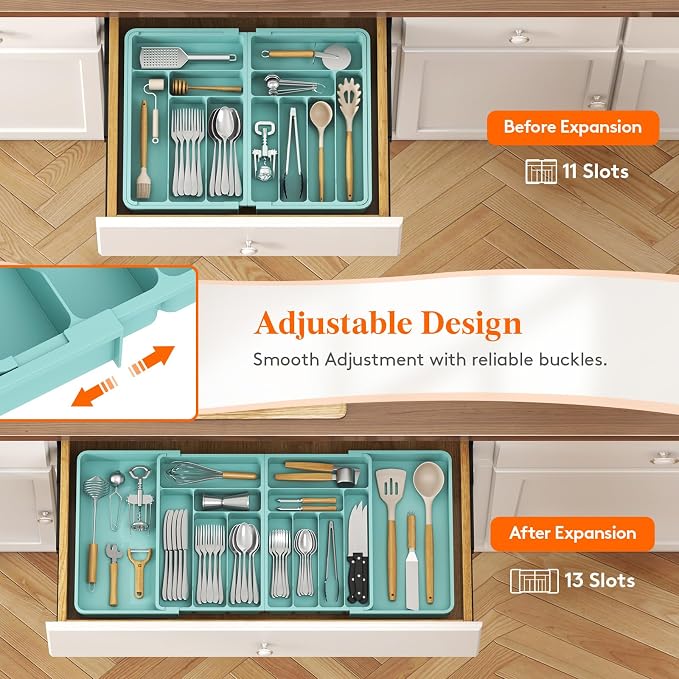 Lifewit Silverware Drawer Organizer, Expandable BPA Free Plastic Utensil Tray for Kitchen, Adjustable Flatware Cutlery Holder for Spoons Forks Knives, 21.3- 36 x 16.9", Turquoise