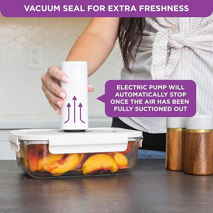 HOLDN’ STORAGE Vacuum Food Storage Containers, Set of 4 Compartment Containers & Electronic Pump - Keep Food Fresh Longer, BPA-Free Glass, Leak-Proof, Ideal for Meal Prep, Marinating