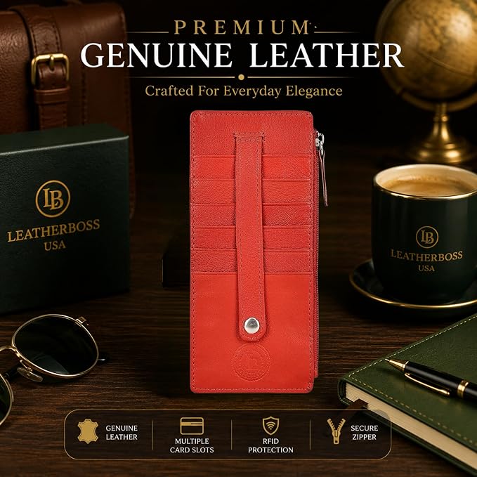 Leatherboss Genuine Leather Women's All in One Credit Business Card Case Holder Slim Zipper Wallet With a Card Protection Strap, Red