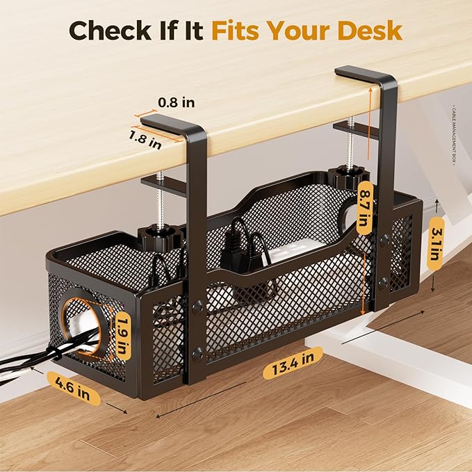 2 Pack Under Desk Cable Management Box Black, Cinati 26.8" Wire Organizers No Drill, Cord Organization Tray with Clamp for Office, Home - No Damage to Desk