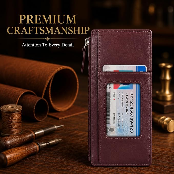 Leatherboss Genuine Leather Women's All in One Credit Business Card Case Holder Slim Zipper Wallet With a Card Protection Strap, Cherry