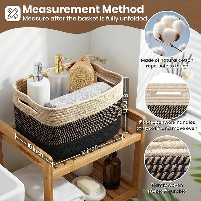 Storage Baskets for Organizing, 14 x 10 x 9” Closet Shelf Woven Baskets, Square Bins with Handles, Cotton Rope Basket for Clothes, Office, Room, Black+Brown 4 Pack