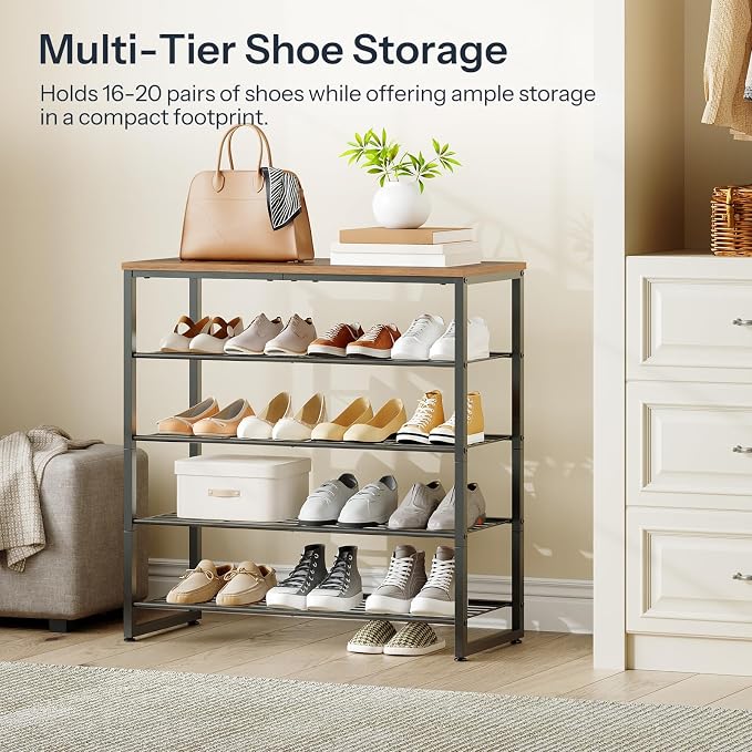 HOOBRO Shoe Rack, 5-Tier Narrow Shoe Organizer for Entryway, Holds 16-20 Pairs of Shoes, Metal Shoe Shelf with Removable Tier, Adjustable Feet, for Closet and Hallway, Rustic Brown and Black BF59XJ01