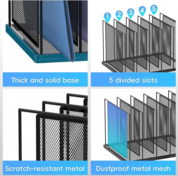 File Organizer for Desk, 5-Section Vertical File Sorter, Paper Holder Organizer Standing Metal File Folder for Office Home Classroom, Black 2 Pack