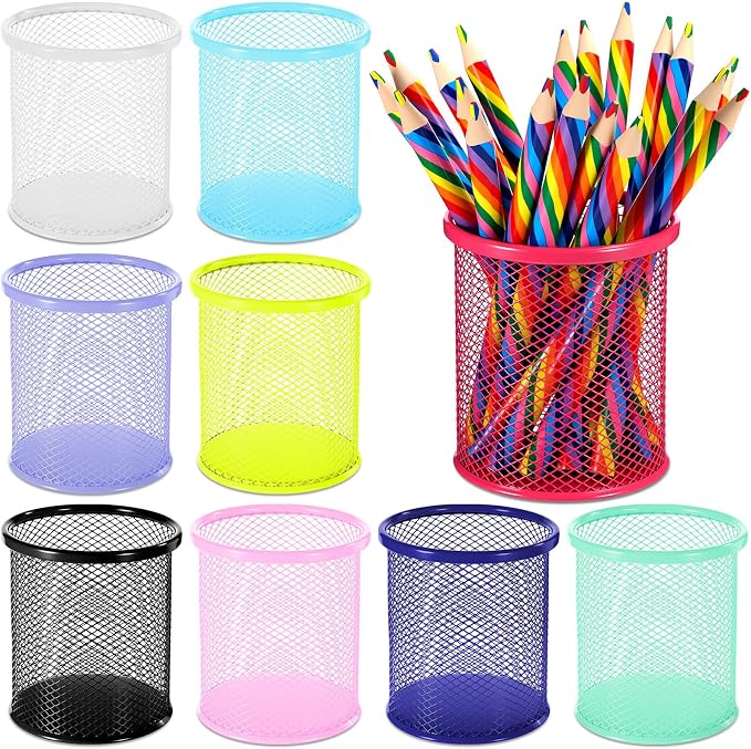 Pasimy 9 Pack Metal Pen Holder, Colorful Mini Pencil Cup Desktop Round Mesh Pencil Bucket Makeup Brush Organizer for Classroom School Office Stationery Supplies