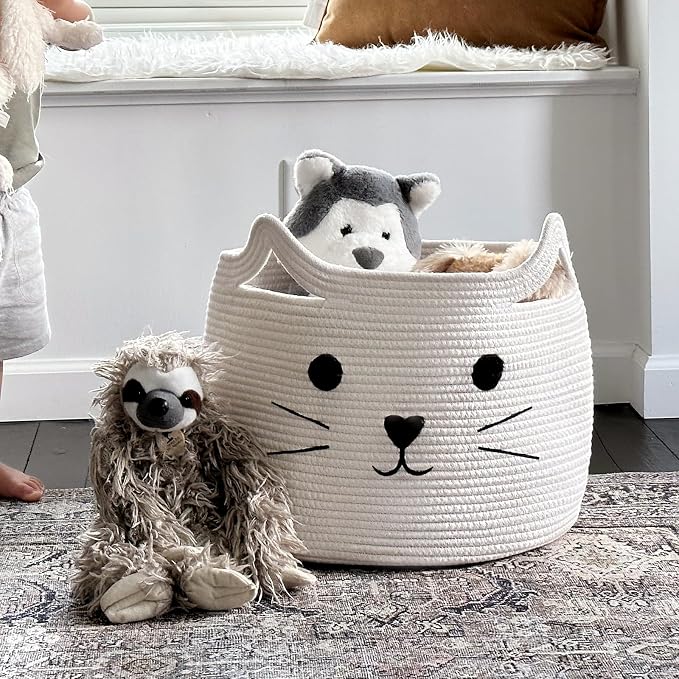Large Woven Cotton Rope Storage Basket, Baby Laundry Basket Organizer for Towels, Blanket, Toys, Clothes, Gifts | Pet Gift Baskets for Cat, Dog - 15.7" L×11.8" H