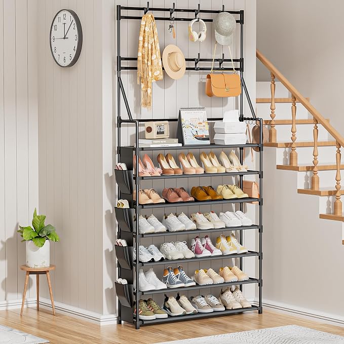 OYREL Shoe Rack 7 Tier Sturdy Shoe Racks Organizer for Closet | 28-35 Pairs Large Capacity Shoe Storage Rack with Multifunctional 5 Hooks and Side Pocket for Entrance Entryway
