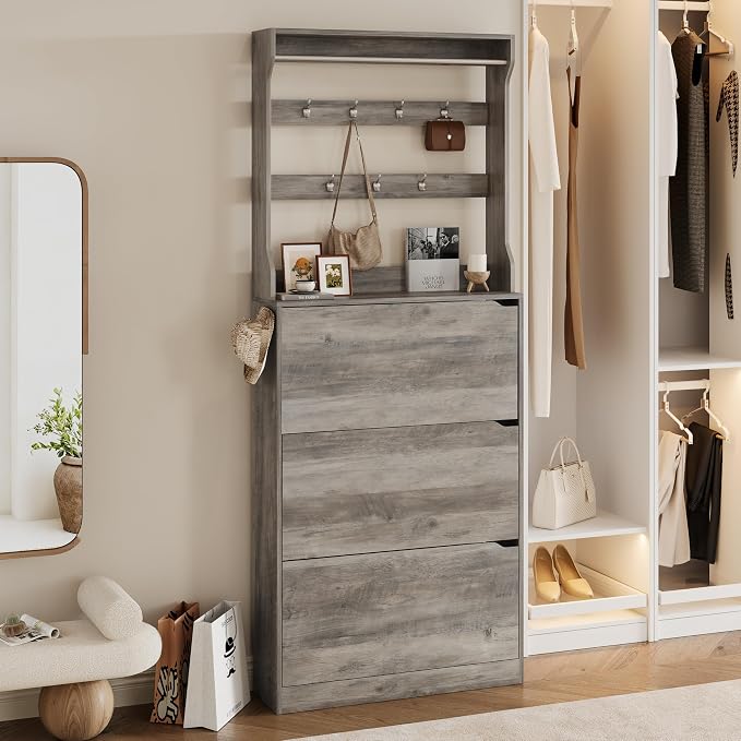 Wodeer Tall Shoe Cabinet with Coat Rack, Hidden Shoe Storage Cabinet with Doors & Drawer, Hanging Bar & Hooks, Slim Narrow Freestanding Shoe Rack Organizer for Entryway, Hallway & Living Room, Grey