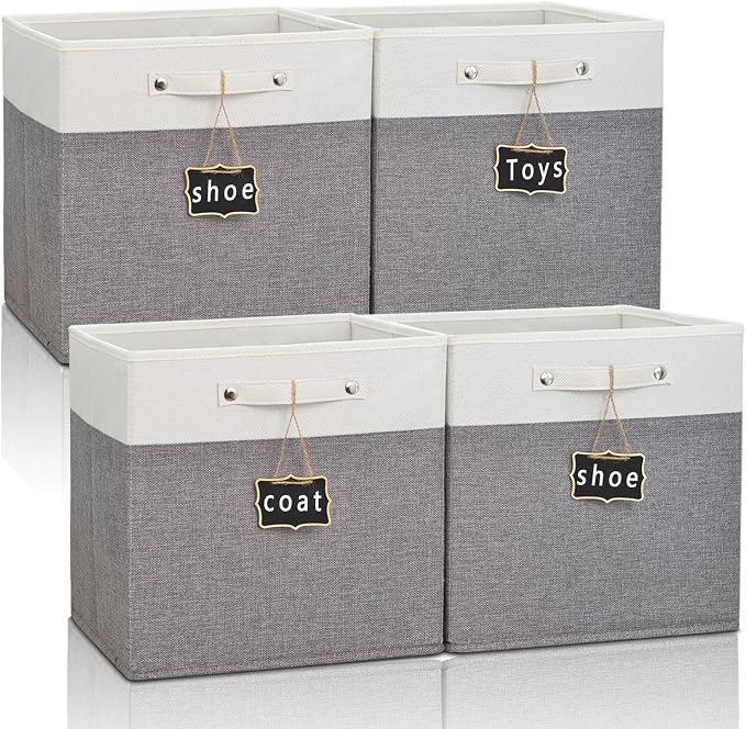 13x13x13 Storage Cube Bins 4 Pack,Collapsible Fabric Storage Cubes with Labels,Linen Cube Storage Organizer Bins with Cotton Handles,Square Storage Cubes for Home,Office,Clothes,Cabinet(White Grey).