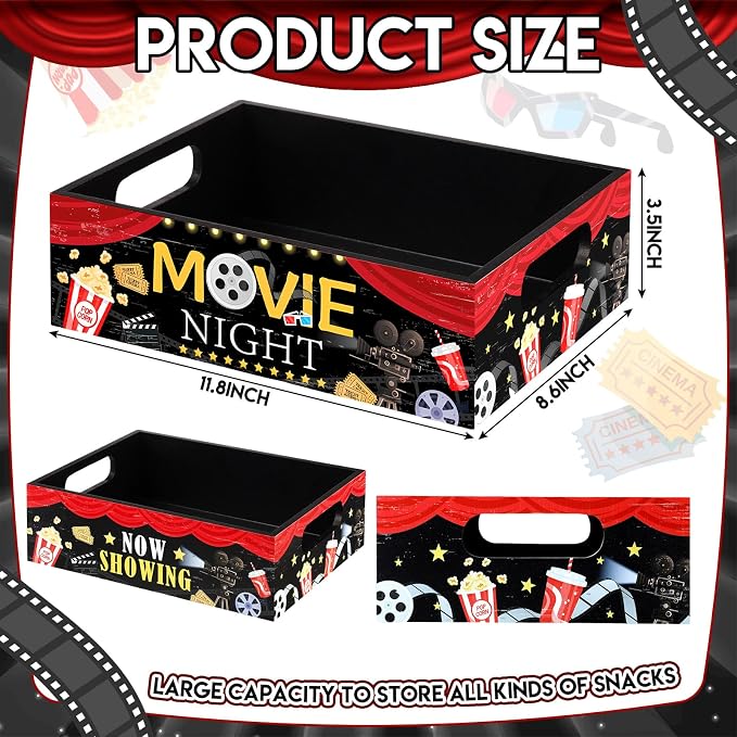 Movie Night Supplies Snack Trays with Handles Reusable Wooden Movie Gift Basket for Theater Popcorn Bucket Bowl Box Container Family Room Decor(Classic Style)