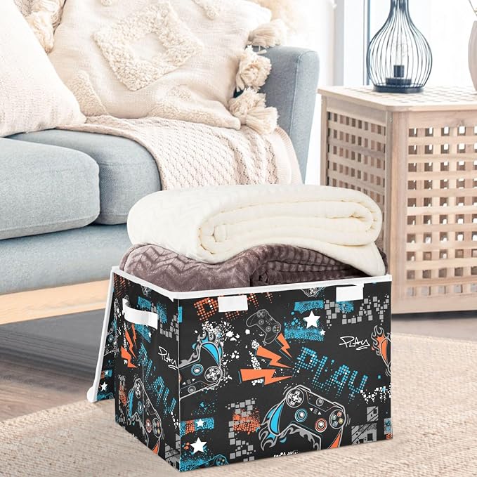 CaTaKu Large Fabric Storage Bins With Lids, Cute Gamer Black Storage Boxes With Handles for Organizing Clothes, Collapsible Storage Cube Bins Baskets for Shelves