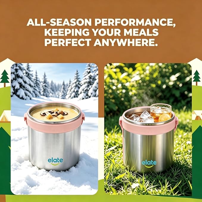 Elate 64oz Vacuum Insulated Food Jar for Hot Food, Large Soup Thermos Stainless Steel Wide Mouth, Camp Crock Thermal Food Container for Camping, Potluck & Family Meals (12H Hot / 24H Cold)- Pink