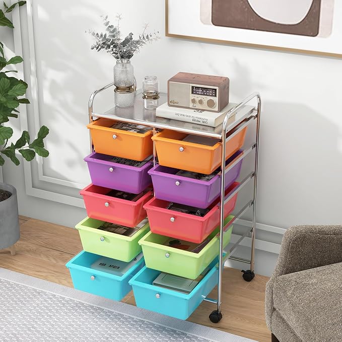 Moccha 10-Drawer Rolling Storage Cart - Storage Drawers Organizer with wheels for Craft Art Supply Paper Salon, Scrapbook Paper Tools, Under Desk Cabinet on Wheels for Classroom Office Home School