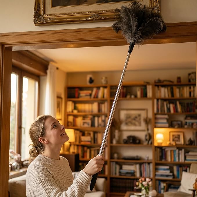 Extendable Ostrich Feather Duster 26"-79", Real Fluffy Ostrich Feather Duster, Telescoping Handle for High Ceiling Cleaning, Fan Dust Removing, Furniture, Car Cleaning – Standard Threaded Interface