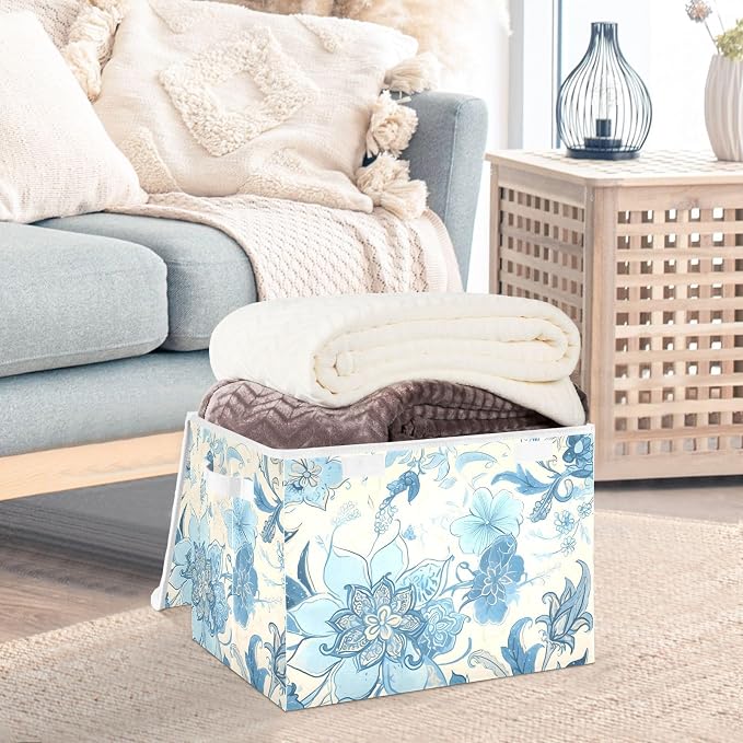 Blue Line Flowers Lidded Storage Bins with Handles - 16.5"x12.6"x11.8" Foldable Organizing Box, Oxford Fabric & Honeycomb Board, Dust-Proof Flip Lid for Closet/Office