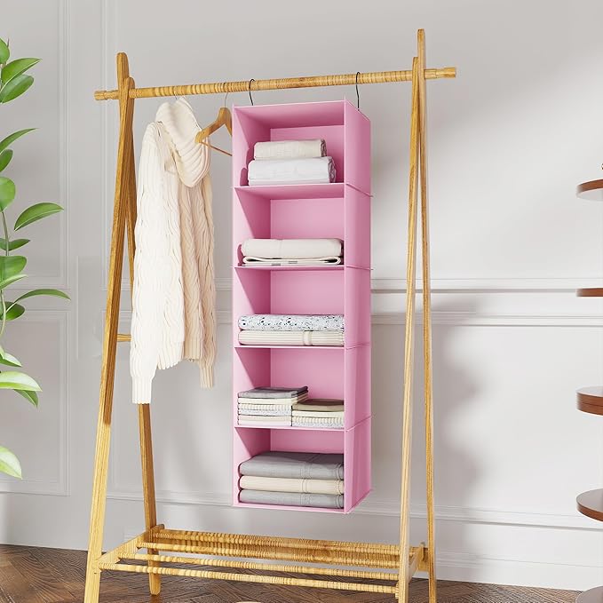 Hanging Closet Organizer, Easy Mount Foldable 5-Shelf Hanging Closet Wardrobe Storage Shelves, Clothes Handbag Shoes Accessories Storage, Washable Oxford Cloth Fabric, Pink