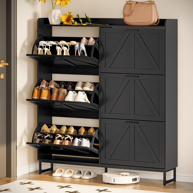 Wodeer Shoe Cabinet Storage for Entryway, Shoe Storage Cabinet with 6 Flip Drawers, Freestanding Narrow Shoe Rack Organizer with Metal Legs, Adjustable Shelves & Open Storage for Foyer, Hallway, Black