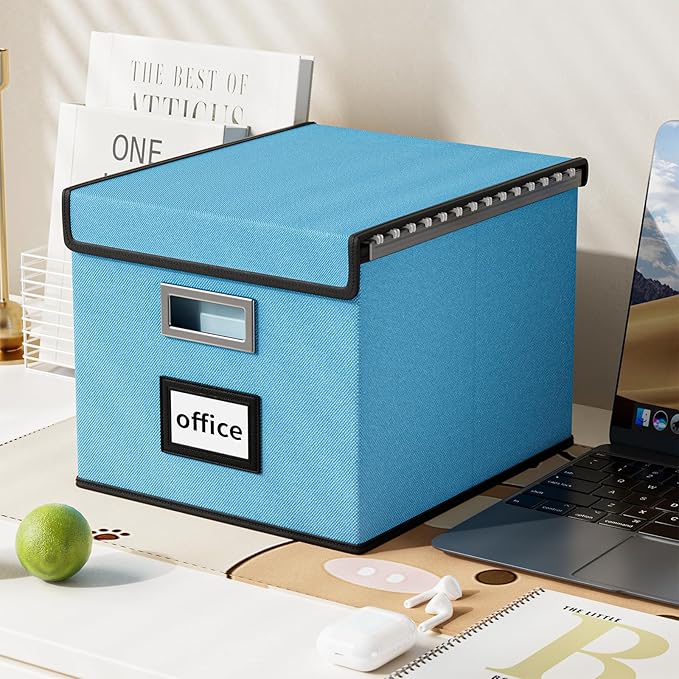 Huolewa File Organizer Box with Lid, Collapsible File Folder Organizer for Office Document Storage, Filing Box with Plastic Slide for Letter Size Hanging File Folders(1 Pack, Sky-blue)