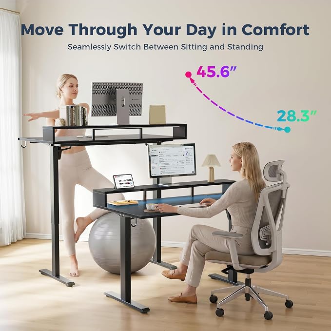 Klicelor Electric Standing Desk with Shelf, 48 Inch Height Adjustable Desk with Power Outlets & LED, Sit Stand Up Table with Monitor Stand, Computer Workstation for Home Office, Black