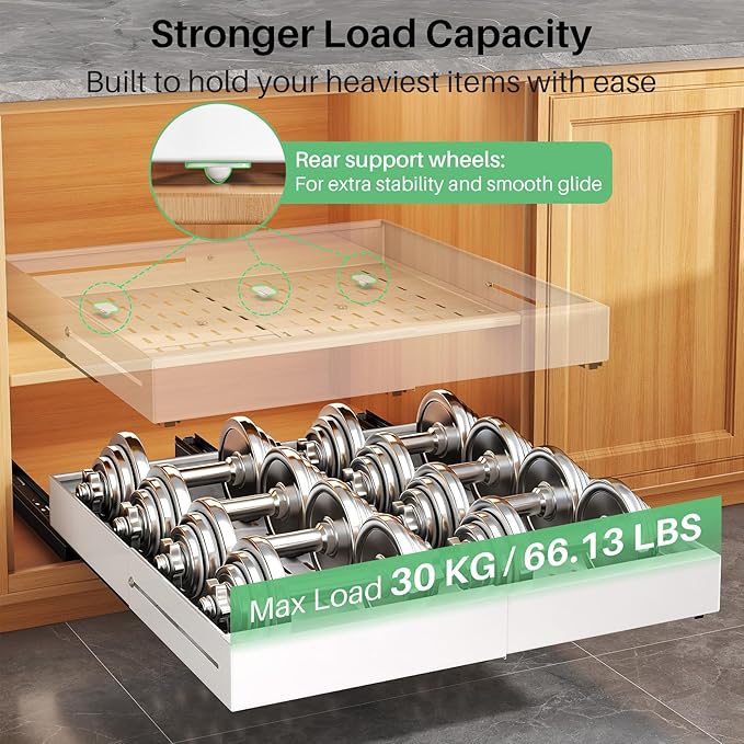 2 Pack Pull out Cabinet Organizer, Expandable Width(14"-24"), Depth(13"-24") with 3 Rails, Slide Out Drawers With Raising Pad for Framed Cabinets, with Adhesive Film for Cabinets in Kitchen, White