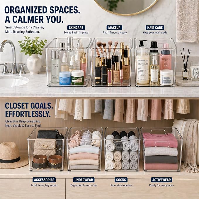MOONEDGE 4 Pack Clear Plastic Storage Bins 11x8x6in Storage Containers | Drawer Organizer with Handles, Clear Bins for Organizing, Pantry, Kitchen, Fridge, Bath, Cabinet, Closet Shelf, Under-Sink