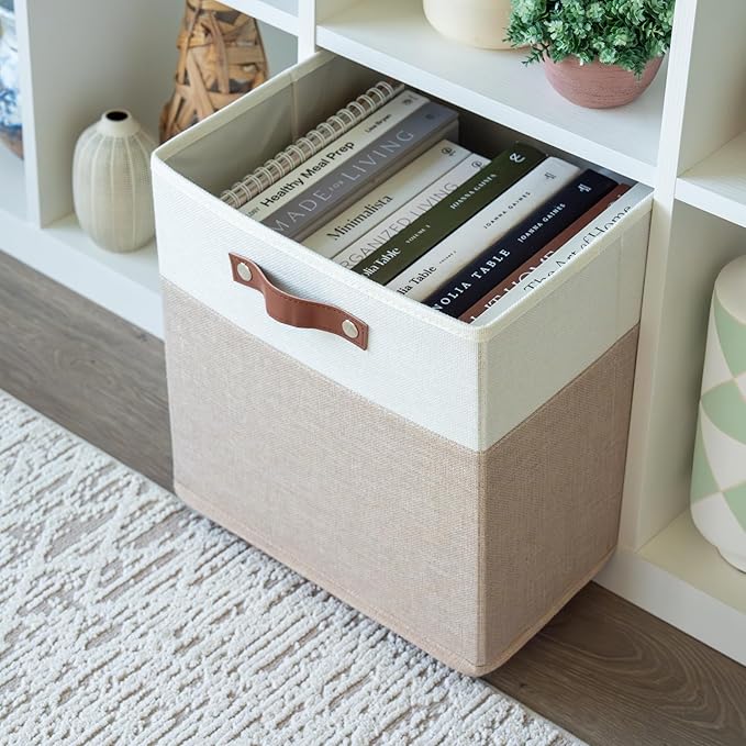 OrganiHaus 13x13 Cube Storage Bins, Set of 4 - Fabric Storage Cubes | Sturdy, holds its shape; odor-free; fits IKEA Kallax and Expedit; vegan leather handles