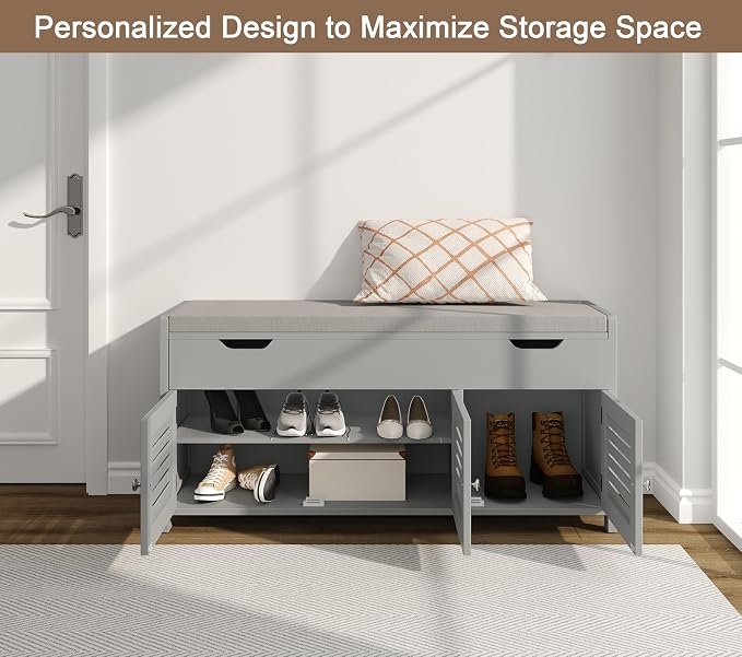 ChooChoo Shoe Storage Bench with Lift Top Storage & Cushioned Seats | 41.3" Entryway Bench with 3 Compartments & Adjustable Shelf, for Entryway, Grey