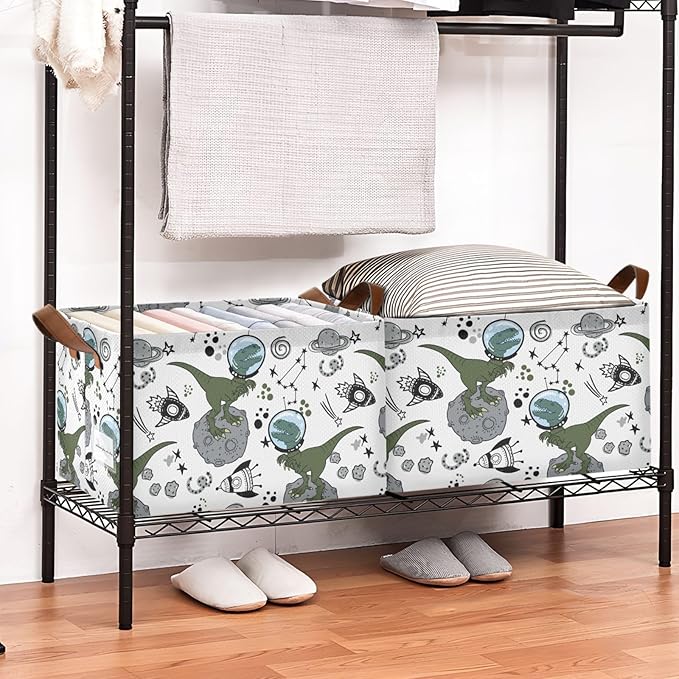 Space Rocket and Dinosaur Storage Basket Foldable Cube Storage Bins with Handles&Label Waterproof Collapsible Organizer Box Bin Large Rectangle Decorative Baskets for Shelves Home Room Laundry-2 Pack