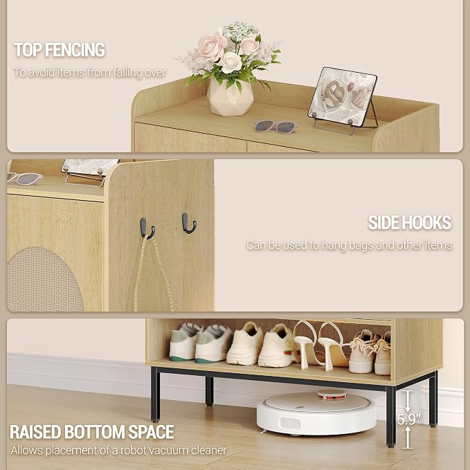 Hzuaneri Shoe Cabinet with Doors, 7-Tier Shoe Storage Cabinet with Adjustable Shelves, Wooden Shoes Organizer Cabinets with Top Storage Layer, 28-32 Pairs, for Entryway, Hallway, Rattan SR68702Y