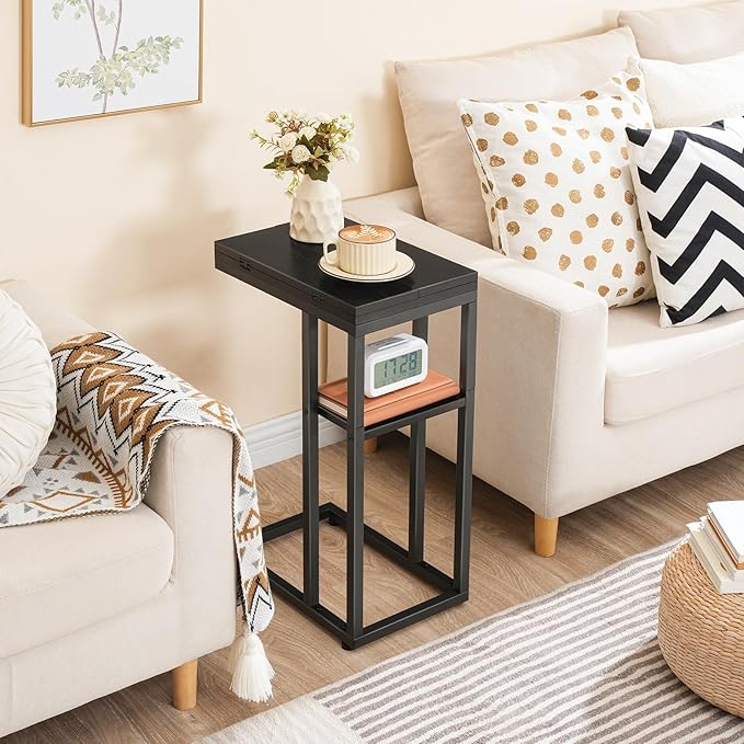 HOOBRO Foldable C Shaped End Table, C Shaped Side Table with Storage Shelf, Small Snack Table, Slide Under Couch Table for Sofa, Living Room Bedroom Small Spaces Easy Assembly, Black BK29SF01
