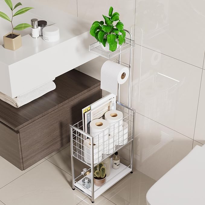 SWTYMIKI Freestanding Toilet Paper Holder - 4-Tier Free Standing Toilet Paper Holder Stand with Large Basket, Stand Mega Roll Storage Rack for Extra Rolls, Magazines, Wet Wipes, Silver