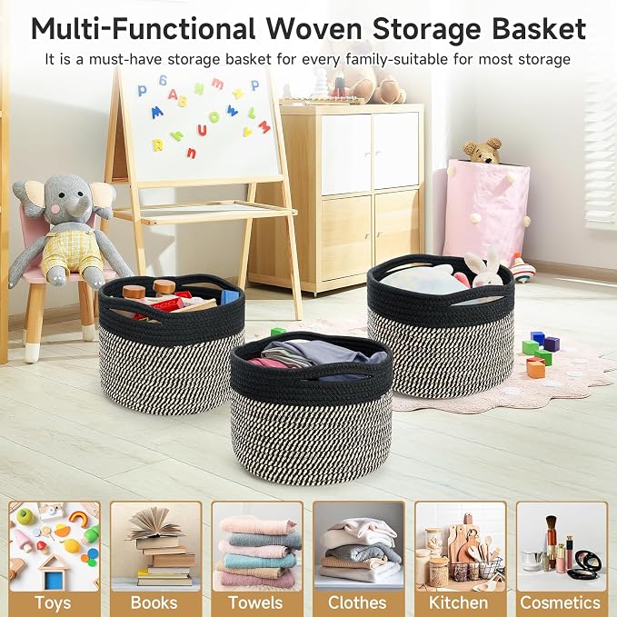 Small Rope Baskets for Storage, Baskets for Gifts Empty, Cute Round Woven Basket, Decorative Shelf Baskets 9.82×9.82×7.1", Cotton Toy Basket Storage Bins for Organizer 3 Packs-Brown+Black