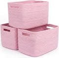Storage Baskets for Organizing, 14 x 10 x 9” Closet Shelf Woven Baskets, Square Bins with Handles, Cotton Rope Basket for Clothes, Office, Room, Pink 3 Pack