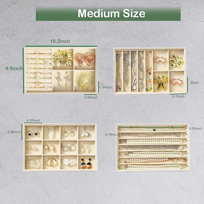 Jewelry Drawer Organizer Inserts Tray, Set of 4 Velvet Stackable Jewelry Trays for Earring Necklace Rings Bracelets Watch (Beige)