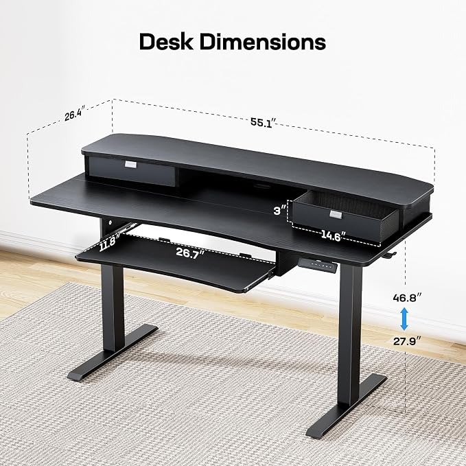 HUANUO 55" x 26" Electric Standing Desk with 2 Drawers & 26.7" Large Keyboard Tray, C-Clamp Mount Compatible, Adjustable Computer Desk for Home Office, Stand Up Desk with 4 Height Presets, Black