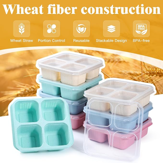 8 Pack Wheat Straw Snack Containers, 4-Compartment Reusable Bento Box with Lids - BPA-Free, Stackable Meal Prep Food Storage for Work, Travel, Home and On-the-Go
