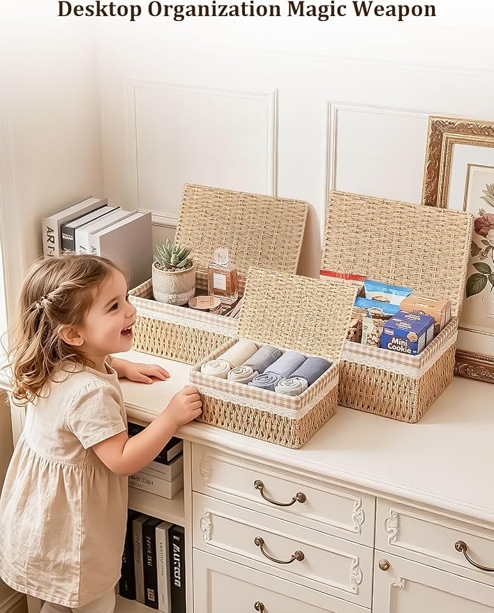 Set of 3 Wicker Storage Baskets with Lid and Liner Woven Storage Bins | Rectangular Woven Storage Bins for Shelves, Multipurpose Container Organizing Boxes for Home Wardrobe Bathroom Bedroom Decor
