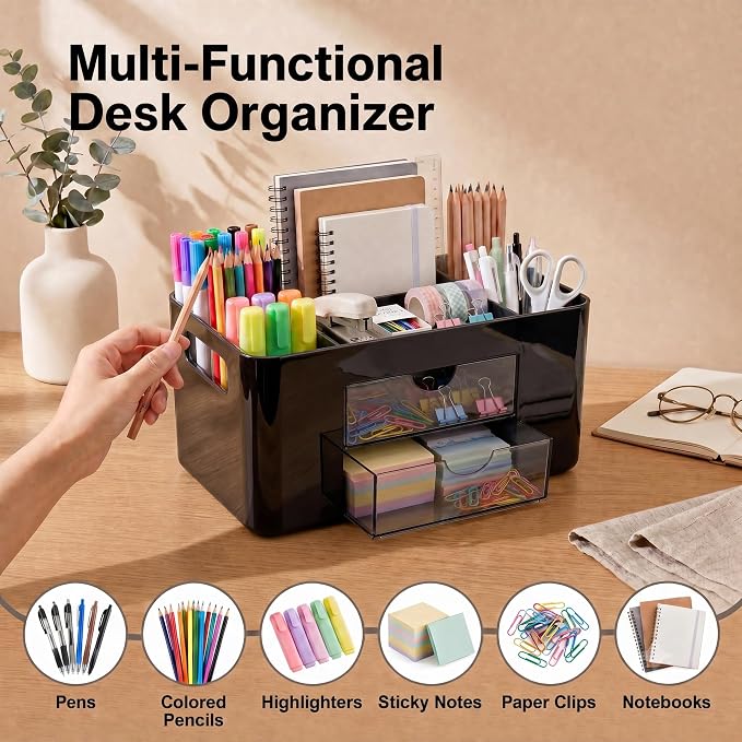 Black Desk Organizer with Drawers, 4 Slots, Side Handles, Pen Holder | Desktop caddy for office supplies, makeup brushes, art & vanity | 5 compartments, 2 pull-out drawers, built-in side handles