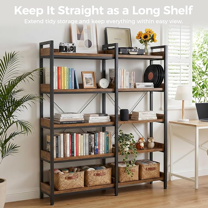 GTPLAYER 5-Tier Corner Bookshelf, L-Shaped Metal Frame Shelf with Tall 14" Shelves, Plant Stand and Storage Rack for Small Spaces, Living Room and Home Office, Vintage Brown
