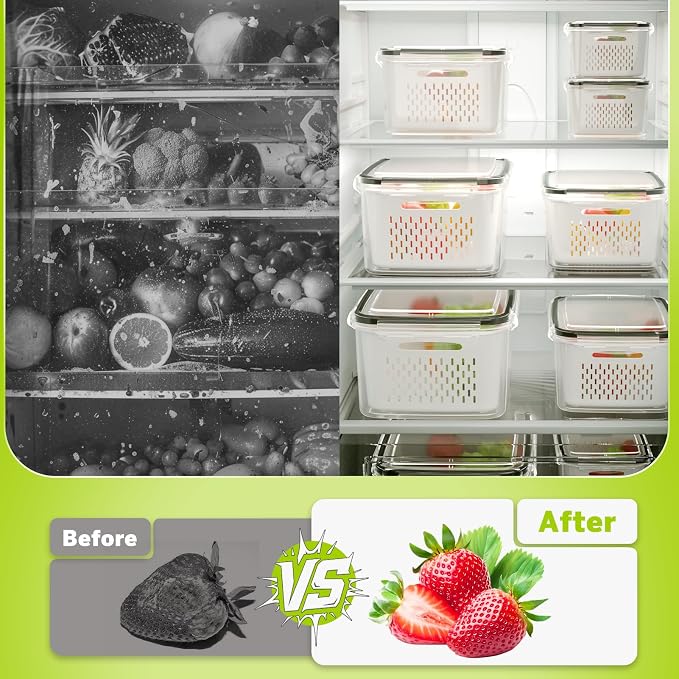 HOMETALL 8 Pack Fruit Storage Containers for Fridge, Produce Containers for Fridge with Colander, Leakproof Fridge Organizers and Storage for Berry Vegetable Salad Lettuce Meat Food
