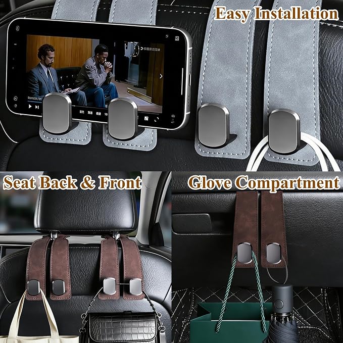 2-Pack Car Hanging Hooks for Car Seat Back & Glove Box, Brown | Dual-Use Purses & Bags Hanger for Car With Metal Hooks - Keep Floor & Seats Clutter-Free, Car Interior Organizer Accessories