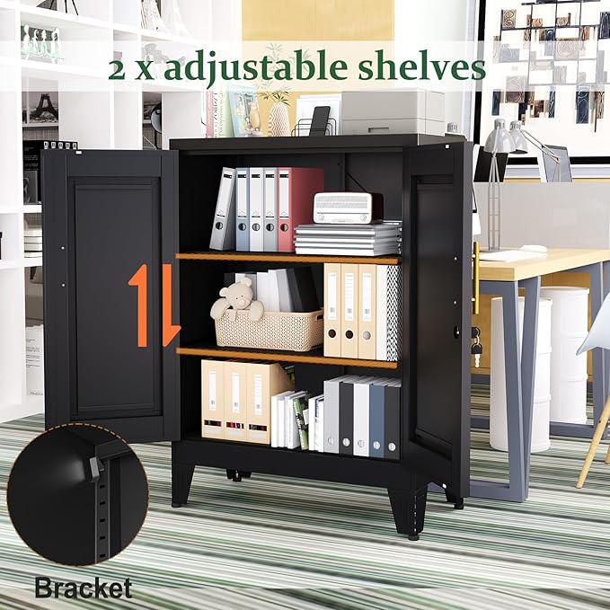 Black Metal Storage Cabinet, 36" Tall Locking Storage Cabinet with 2 Adjustable Shelves, Steel Locker Organizer, for Office, Home, School, 11.81" D x 23.62" W x 35.83" H, 2PS