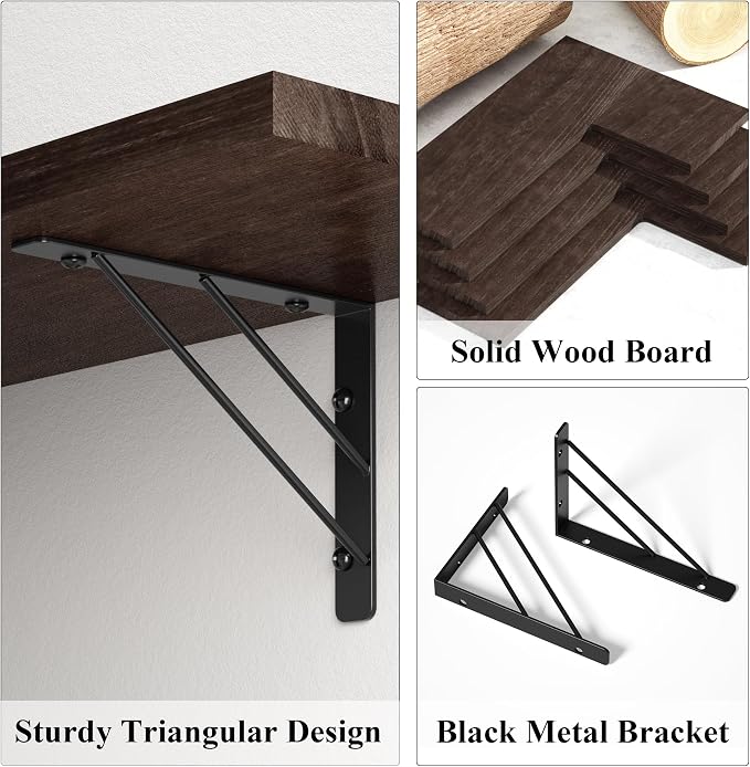 Love-KANKEI Corner Wall Shelf Set of 4,Solid Wood/Bracket,16.5"x 11",Brown | Easy to Install,Floating Wall Shelves,40 Lbs/shelf,For Bedroom Living Room Bathroom Kitchen Office,Storage Display,Wall Decor