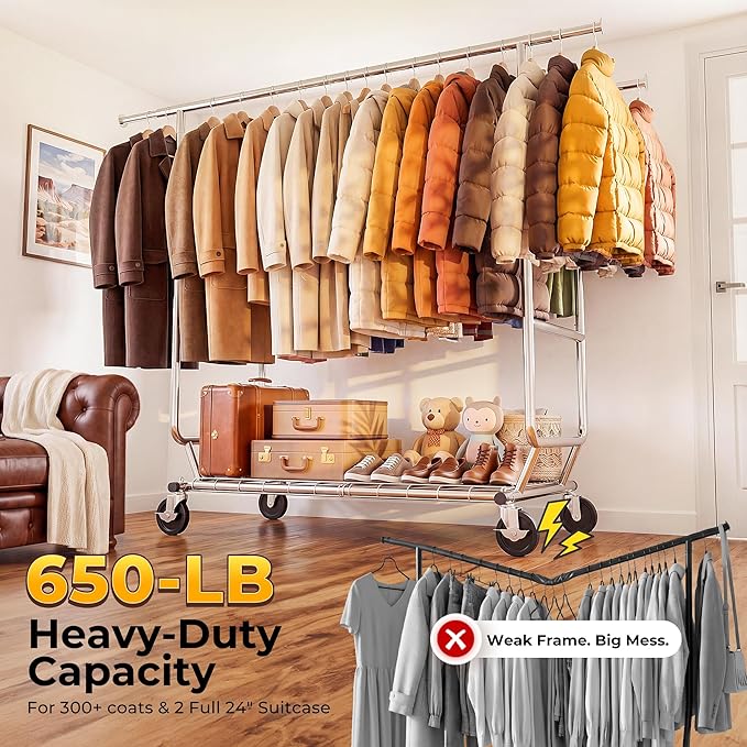 HOKEEPER Clothes Rack Heavy Duty Clothing Rack Load 650 LBS Collapsible Garment Rack with Wheels Double Rod Clothes Rack for Hanging Clothes Commercial Portable Closet Rack with Shelves 22"D*75"W*68"H