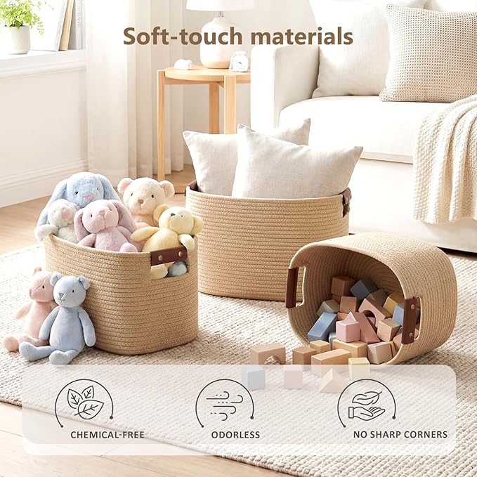 ECDYQXVU 15x10x9 Woven Cotton Rope Storage Basket, Leather Handles 2 Pack | Foldable Design, Sturdy PU Handles, Easy to Clean Organizer for Living Room, Closet, Shelves, Bedroom, Laundry, Clothes