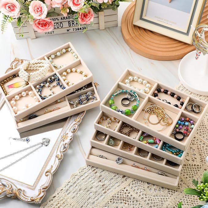 Inbagi 12 Pcs Small Velvet Jewelry Tray Stackable Jewelry Organizer Drawers Insert Divided Storage Display Trays for Earring Ring Brooch Watch Necklace Bracelet 8.3 x 5 x 1 Inches